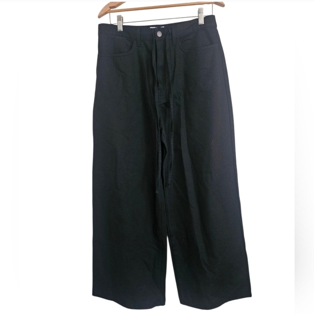 COS Wide Leg High Rise Black 100% Cotton Denim Trousers Tie Detail, Size 4